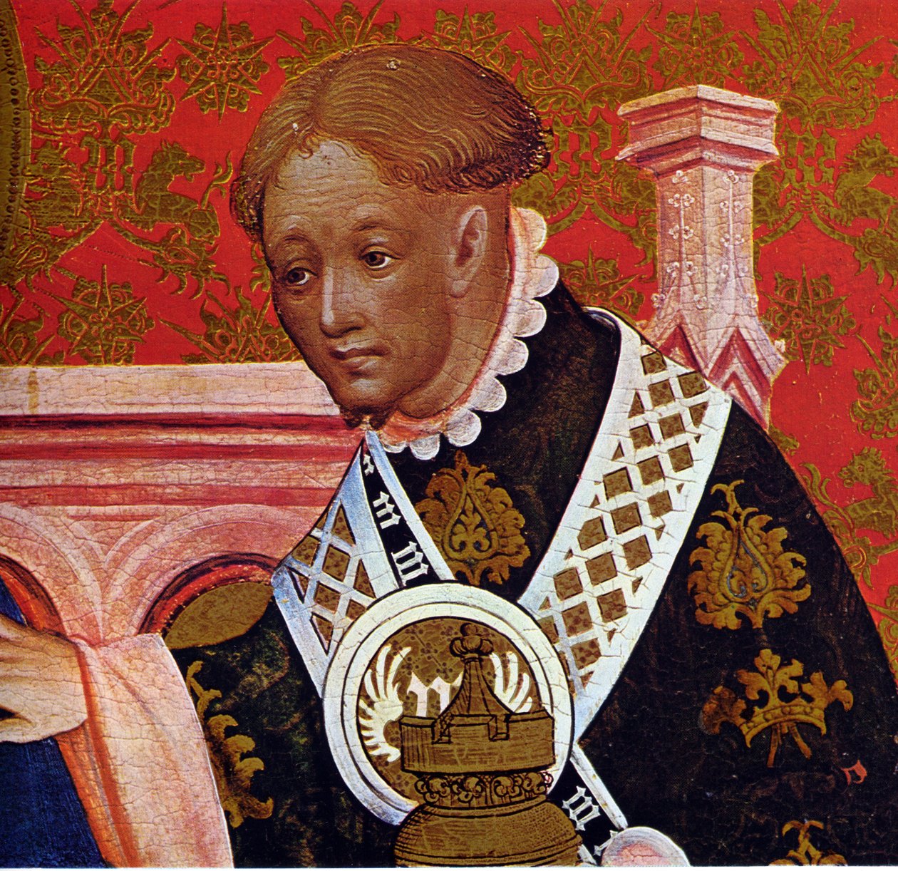 Marienkirche Dortmund, Marienaltaar van Conrad von Soest, rechter paneel, detail uit de aanbidding der koningen door Conrad von Soest