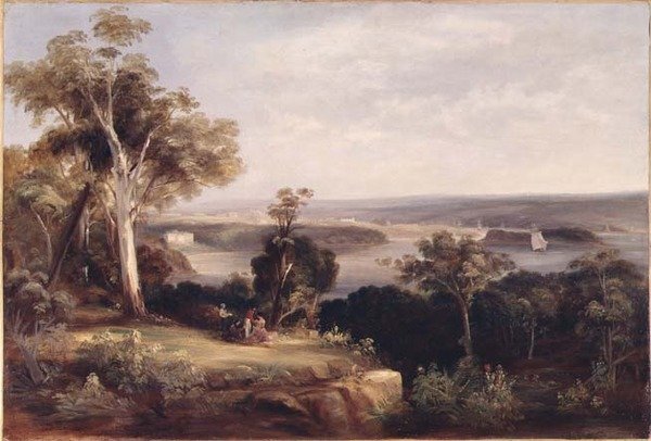 Bosrijk landschap met een verre blik op Sydney door Conrad Martens