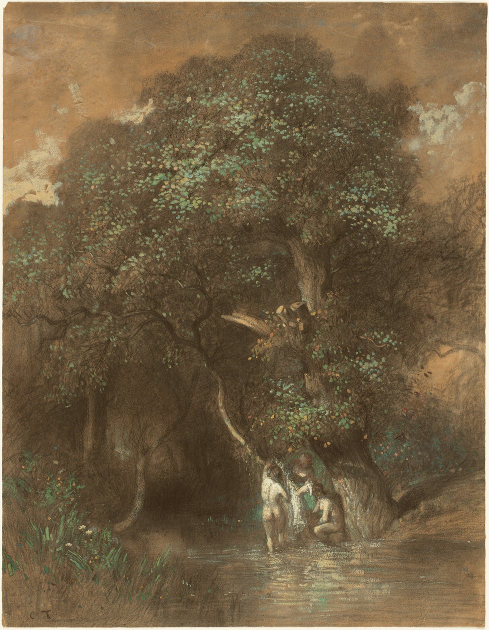 Badgasten bij een reusachtige eik, ca. 1842-1844 (houtskool op papier) door Constant-Emile Troyon