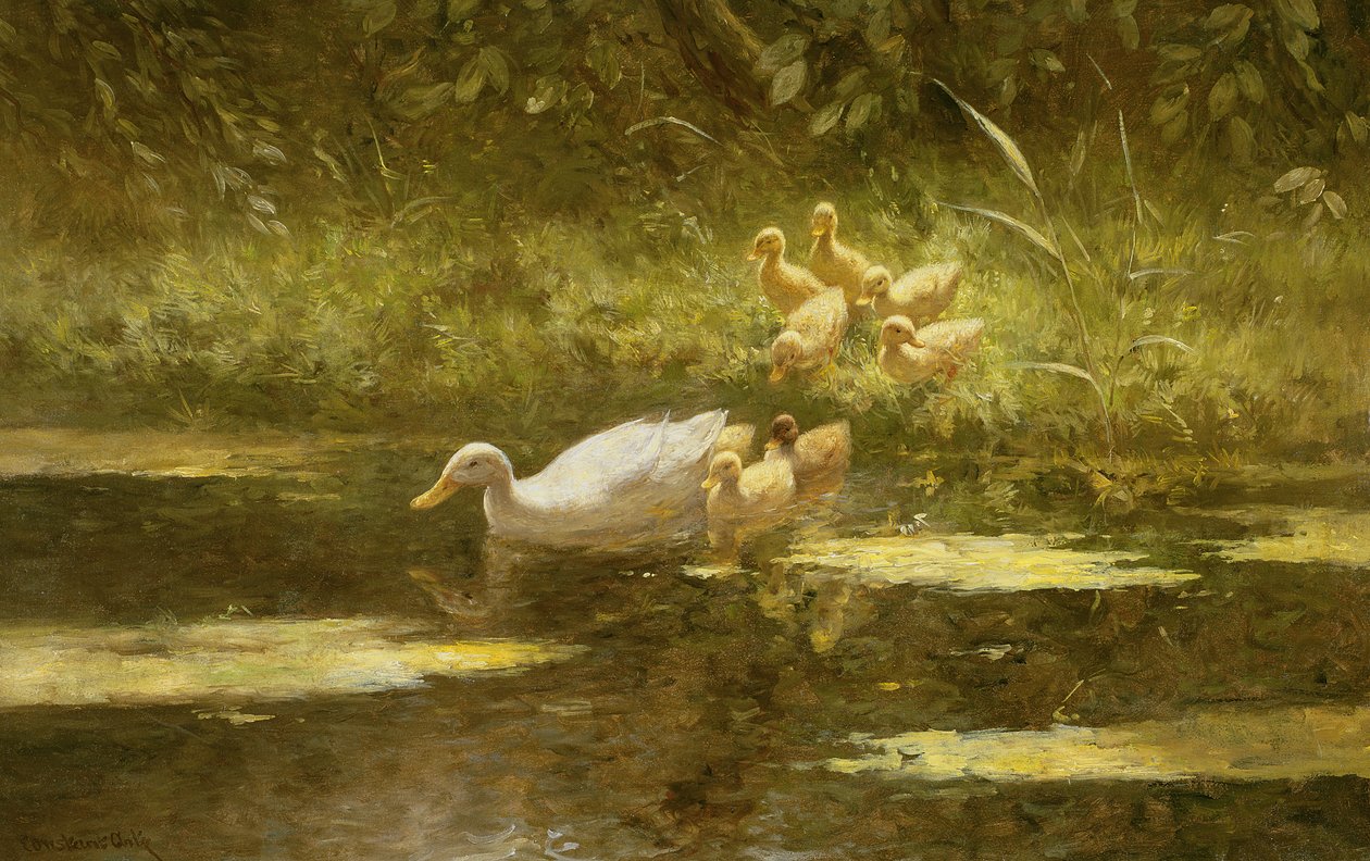 Eend met eendjes aan de oever door Constant Artz