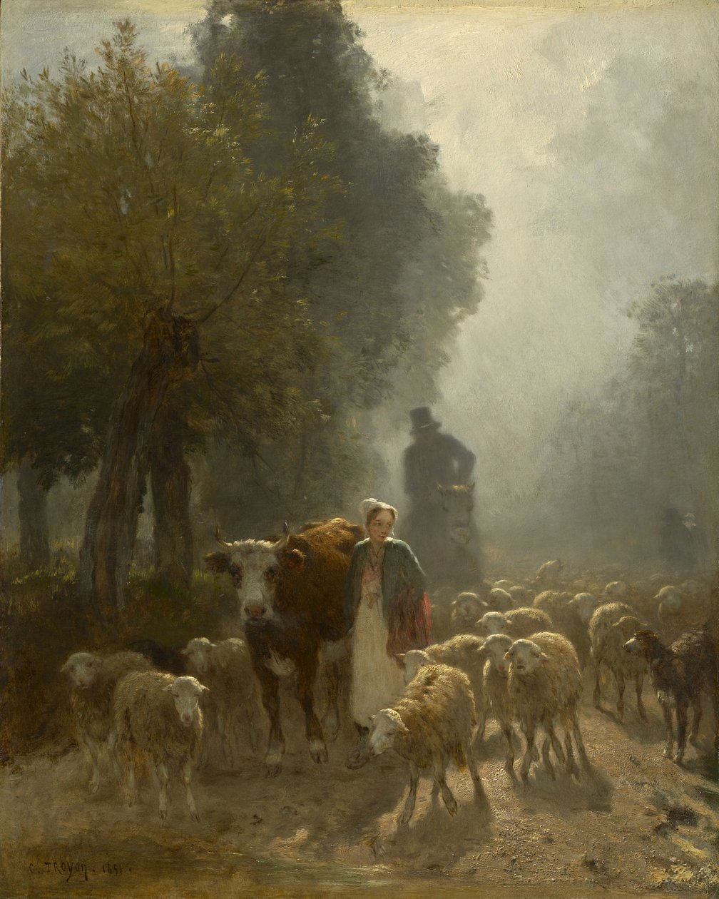 Naar de Markt op een Mistige Ochtend, 1851 door Constant Emile Troyon