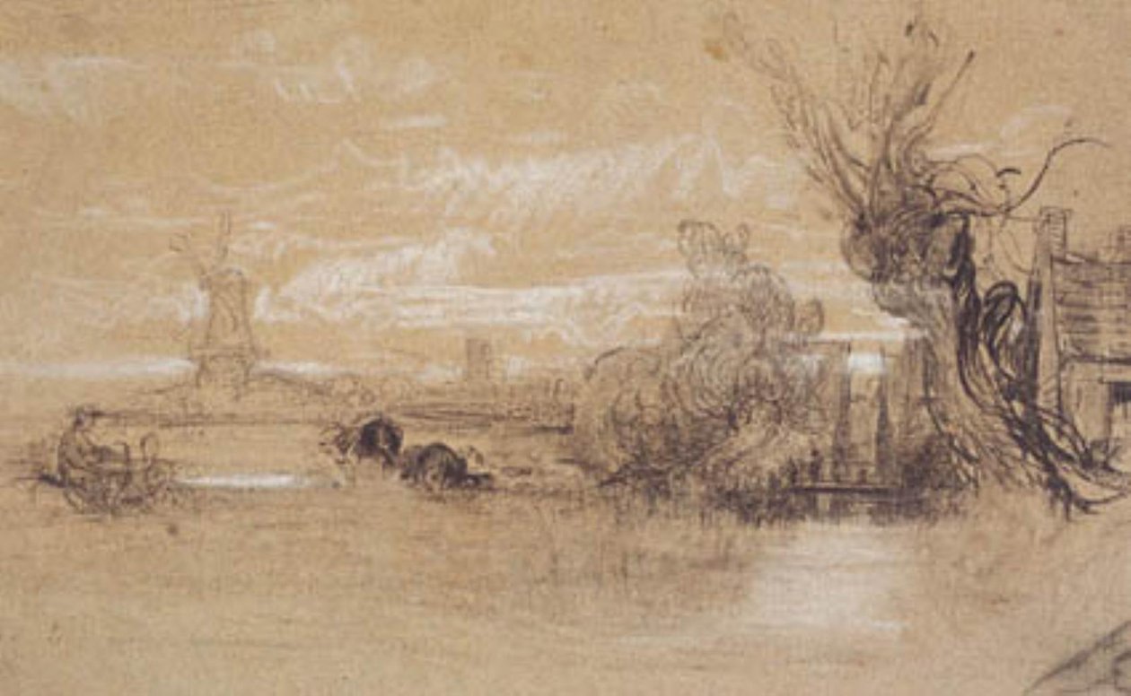 Landschap met koeien, een boerderij en molens door Constant Troyon