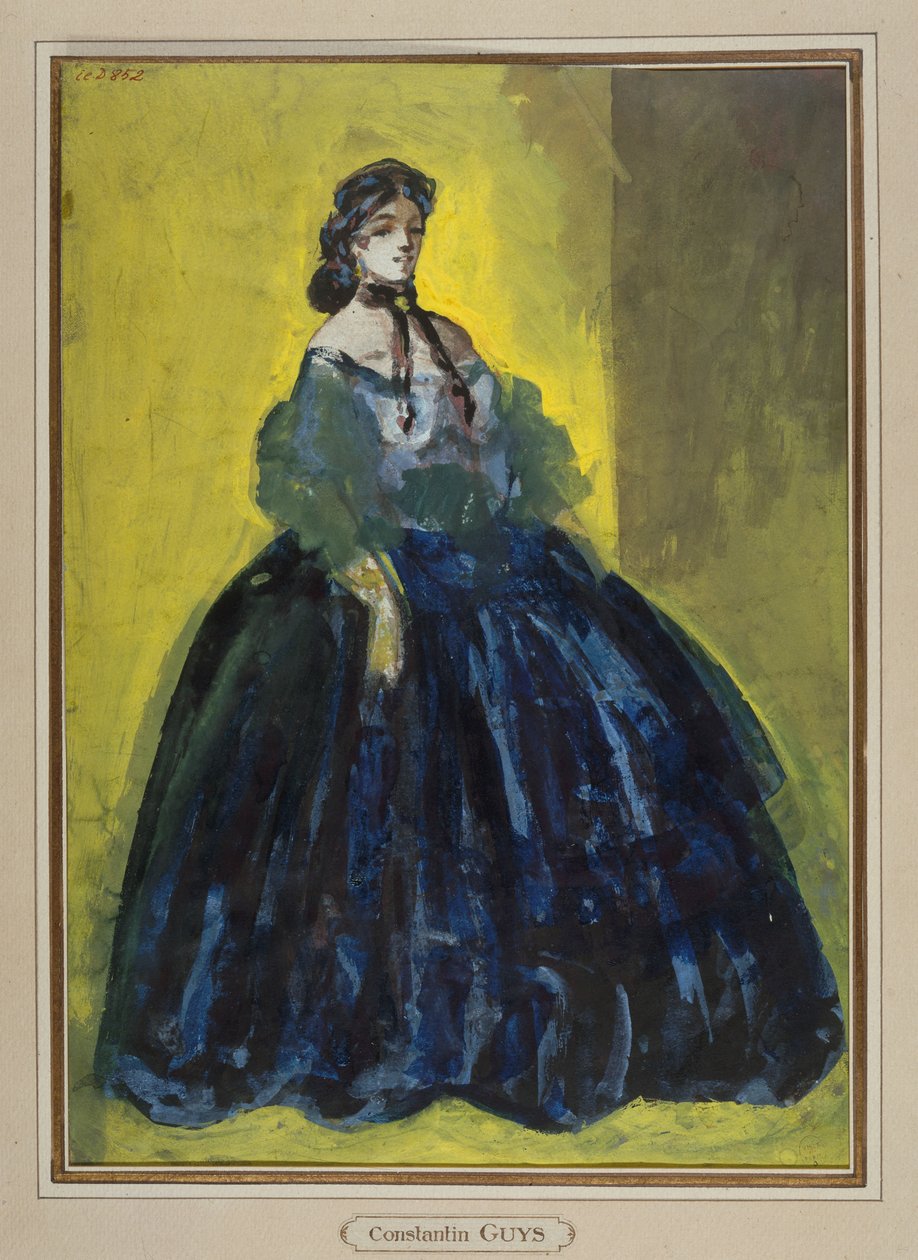Studie einer Frau im blauen Kleid vor gelbem und grünem Hintergrund, um 1865 door Constantin Guys