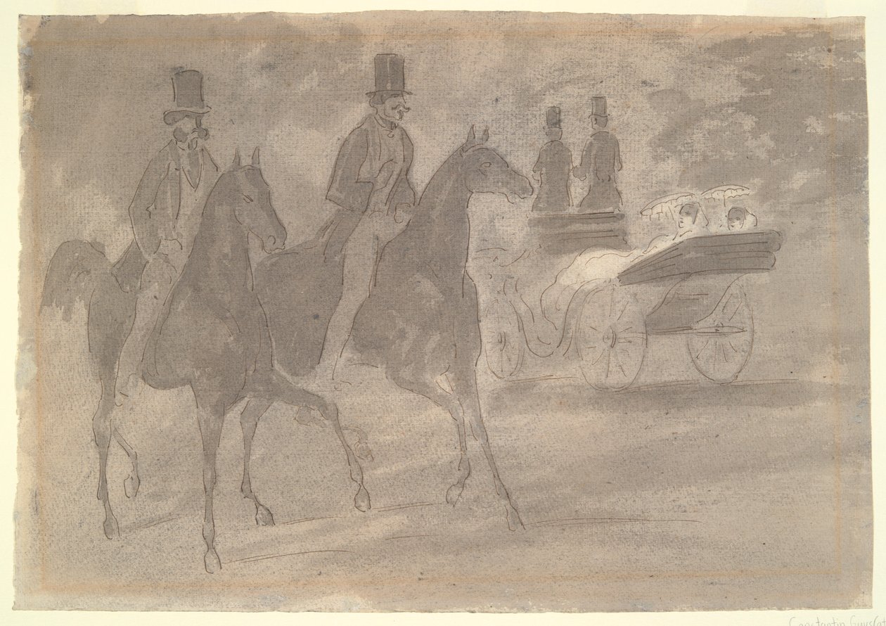 Paard-en-wagens rijden in een park door Constantin Guys