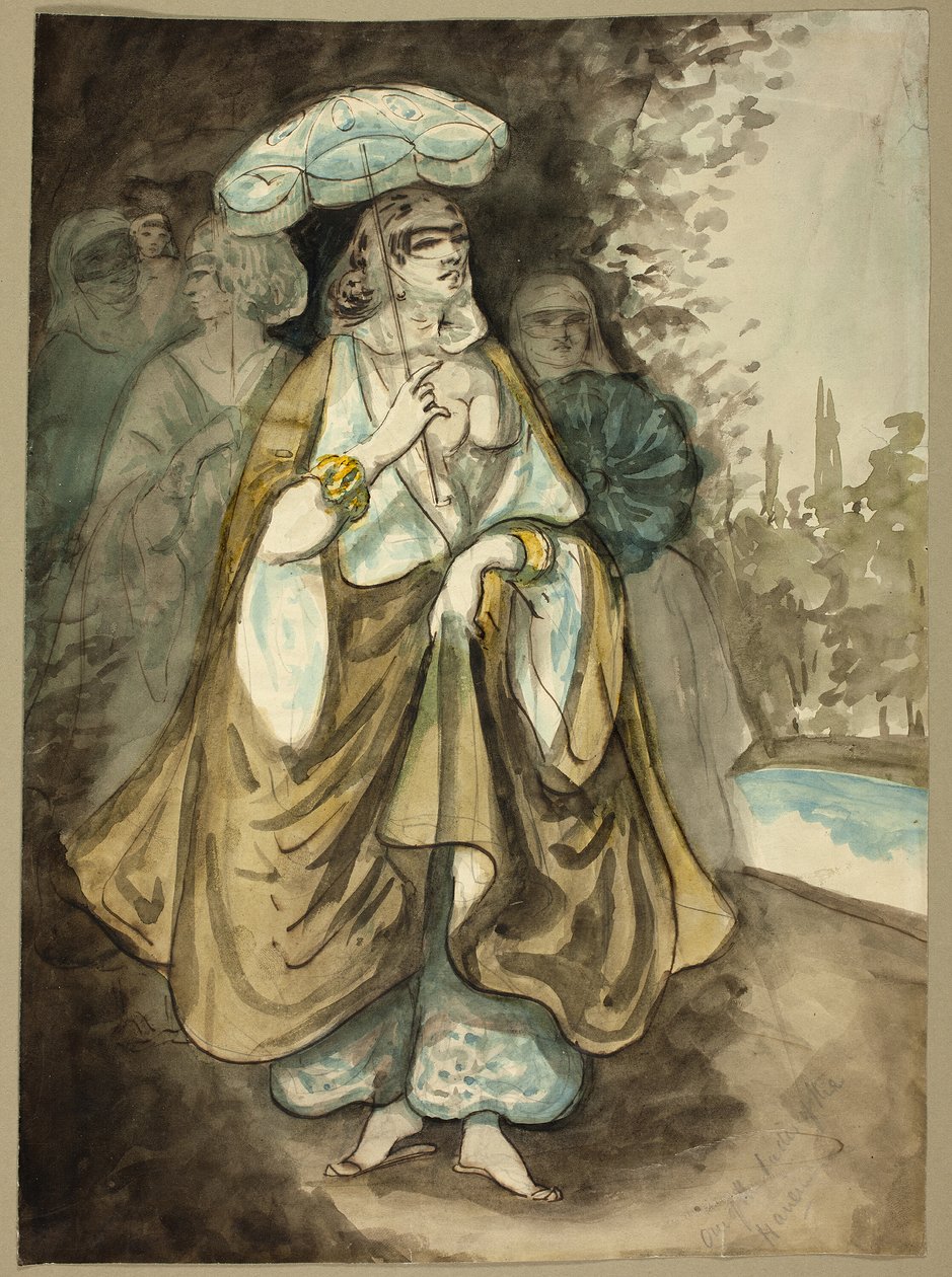 Een van de Dames van de Harem (recto); Fragment van een Landschap (verso) door Constantin Guys
