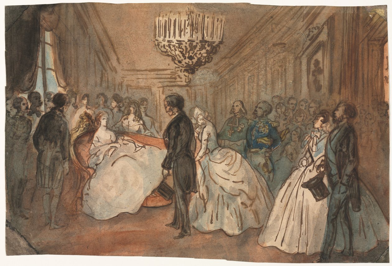 De keizerin Eugénie ontvangt het diplomatieke corps na de geboorte van de keizerlijke prins, 1800s door Constantin Guys