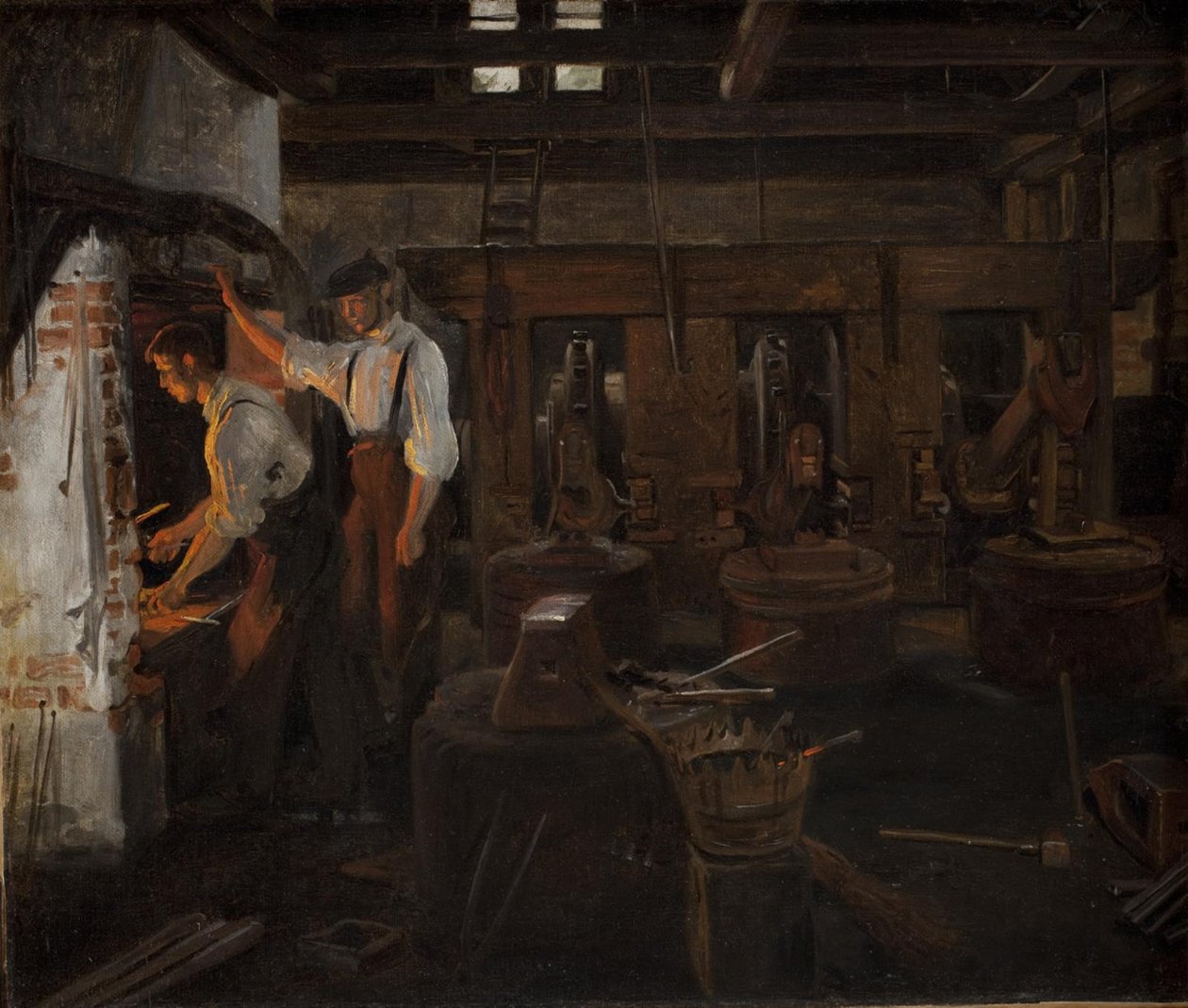 Het interieur van de oude hamermolen bij Hellebæk door Constantin Hansen