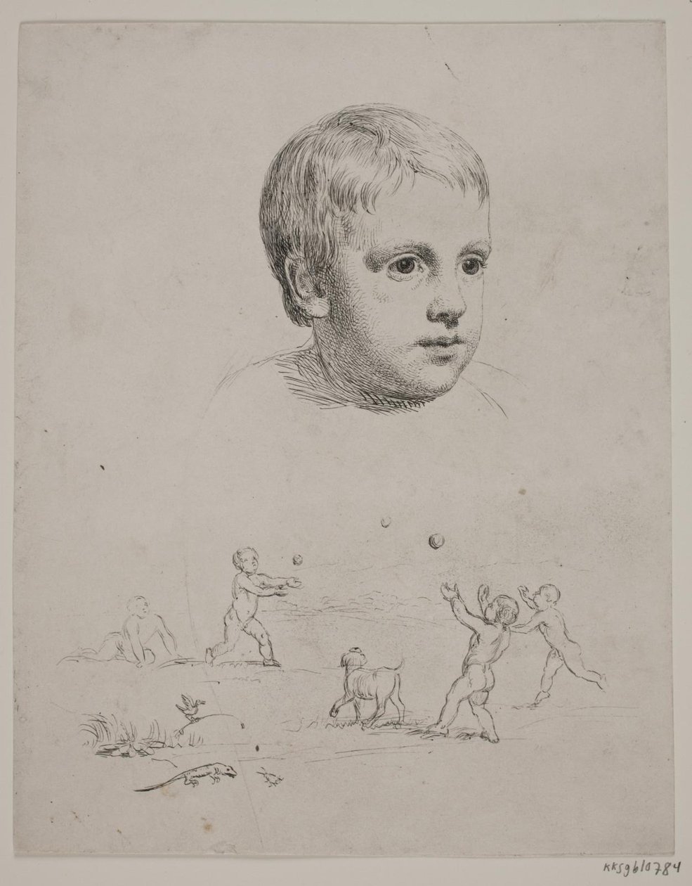 Boven portret van T. N. Thiele als kind, onder vier jongens die bal spelen door Constantin Hansen