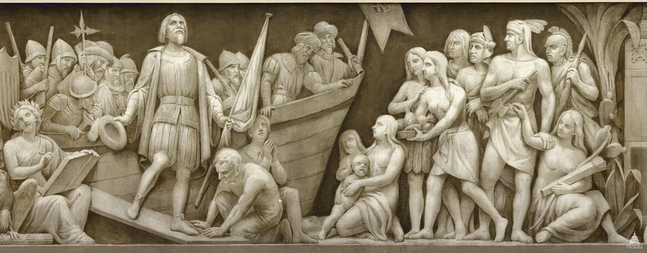 Landing van Christoffel Columbus Het fries in de Rotunda van het Capitool van de Verenigde Staten, 1860-1873 door Constantino Brumidi