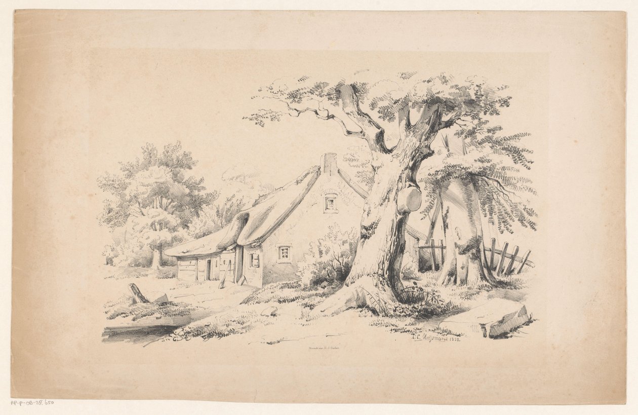 Boerderij en twee bomen (Het Landschap) door Constantinus Cornelis Huysmans