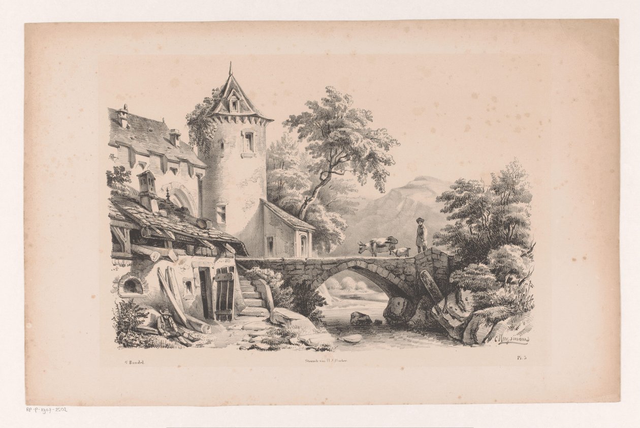 Huizen en brug in berglandschap door Constantinus Cornelis Huysmans