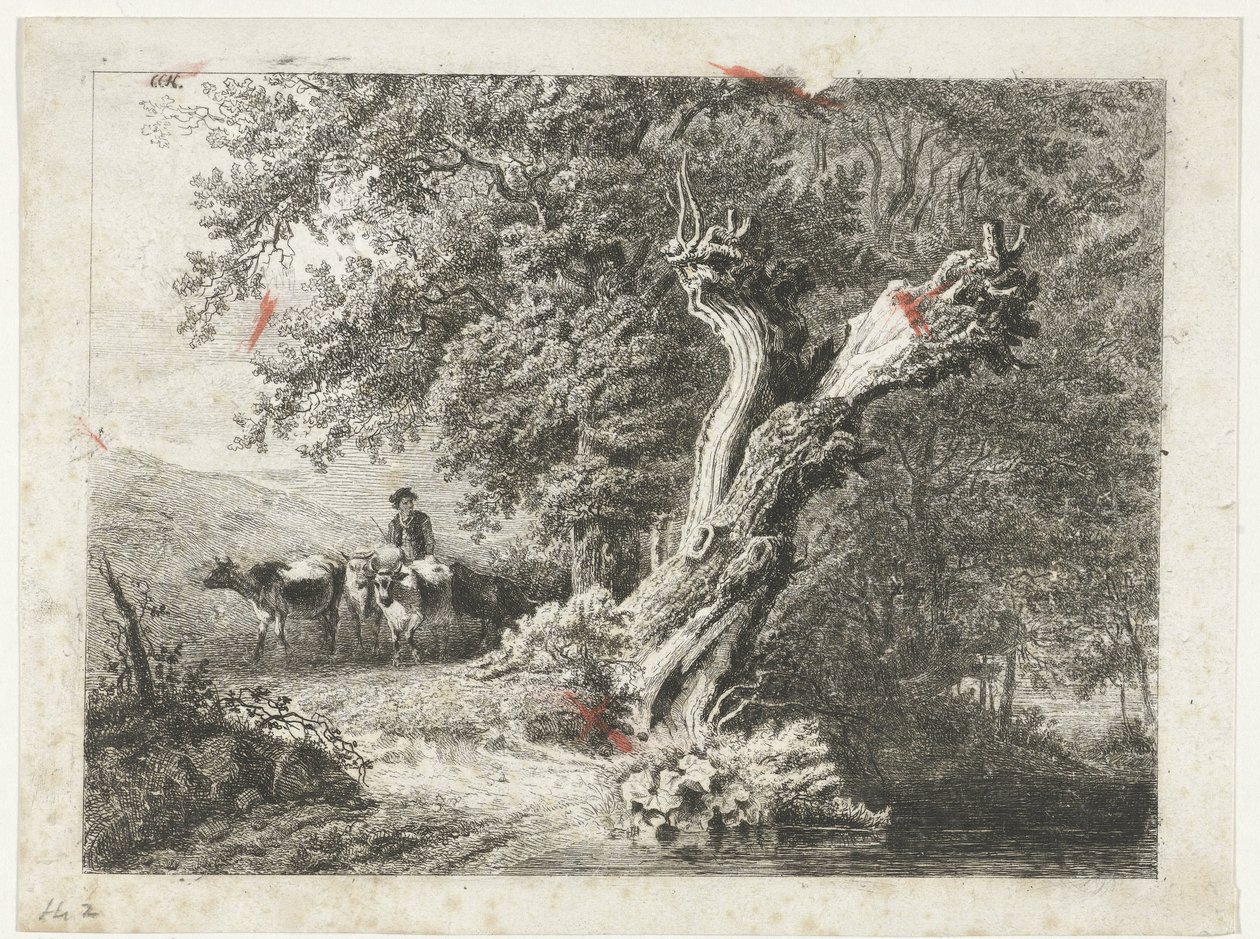 Landschap met kale boom en herder door Constantinus Cornelis Huysmans