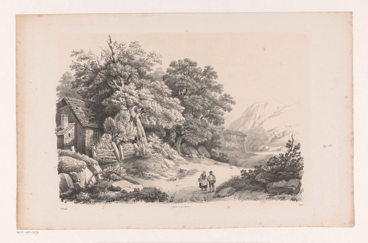 Landschap met twee figuren op een landweg door Constantinus Cornelis Huysmans