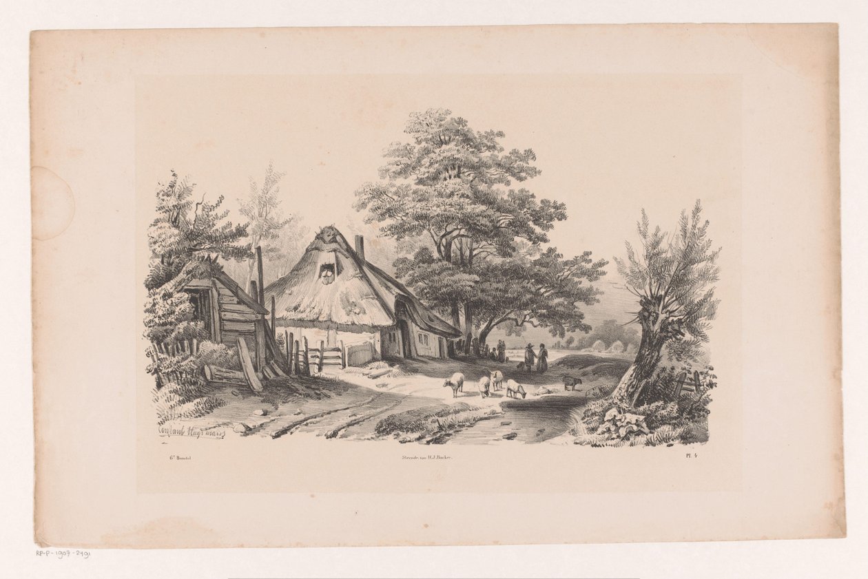 Landweg met boerderij door Constantinus Cornelis Huysmans