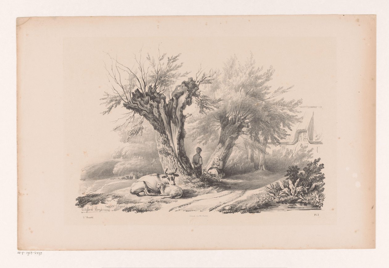 Landweg met rustende man en vrouw door Constantinus Cornelis Huysmans