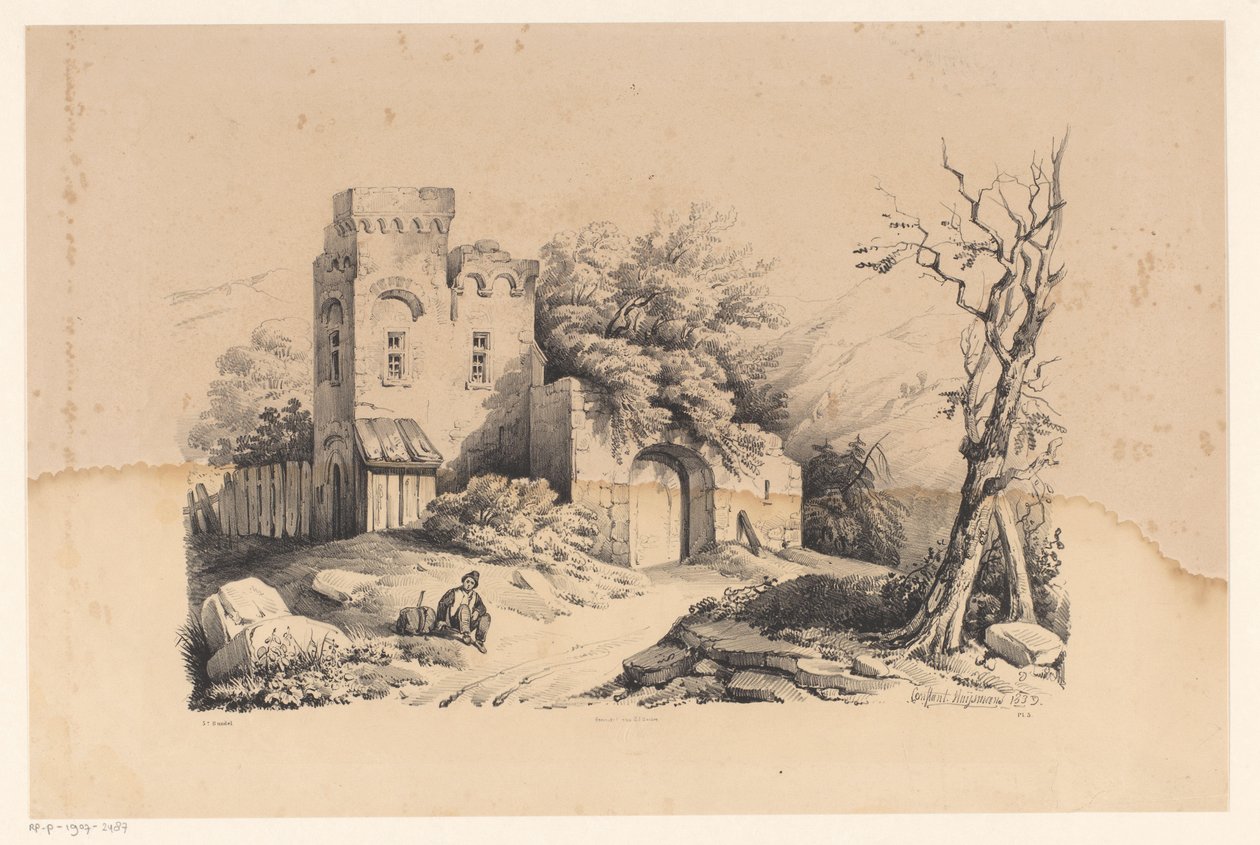 Wandelaar bij ruïne door Constantinus Cornelis Huysmans