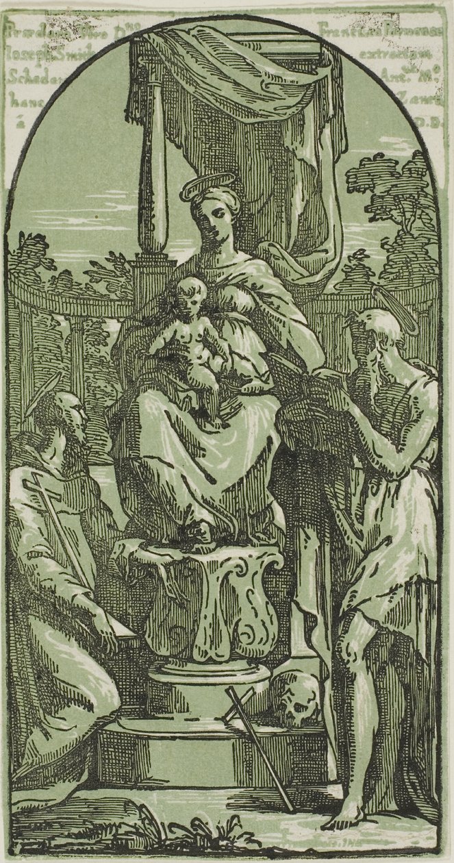 Madonna met kind op de troon, Hiëronymus en Franciscus door Conte Antonio Maria Zanetti the Elder