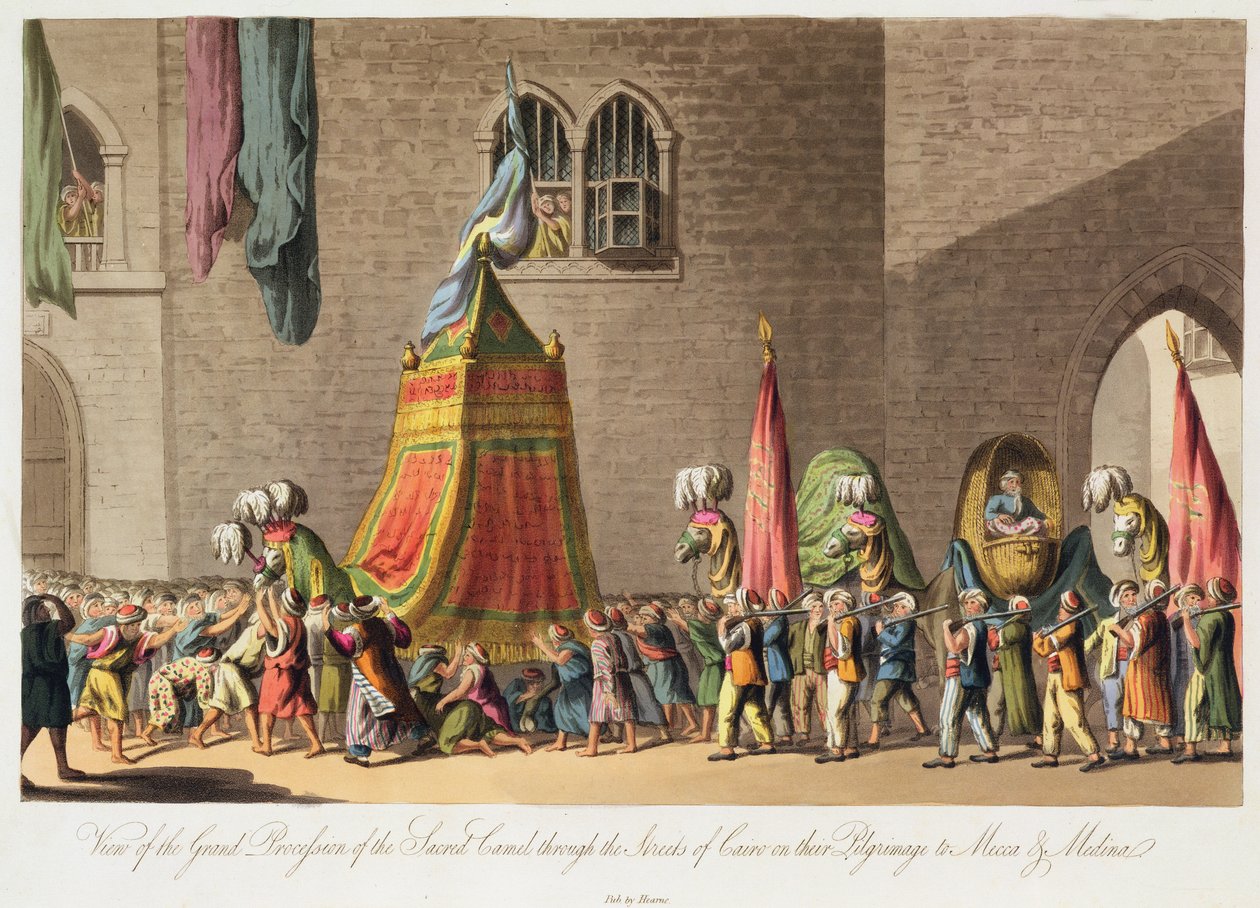 Een uitzicht op de grote processie van de heilige kameel door de straten van Caïro op hun pelgrimstocht naar Mekka en Medina, uitgegeven 1822 door Cooper Willyams