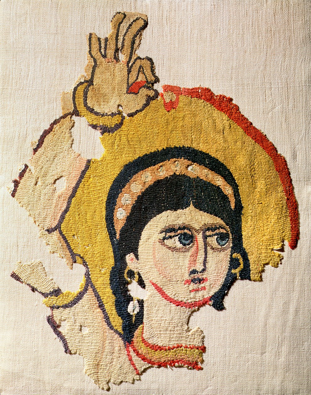 Fragment van een wandtapijt dat het hoofd van een danser afbeeldt door Coptic
