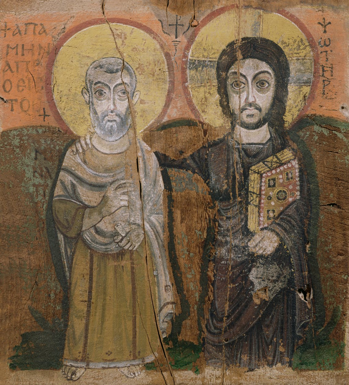 Icoon met Abt Mena met Christus, uit Baouit, 6e-7e eeuw door Coptic