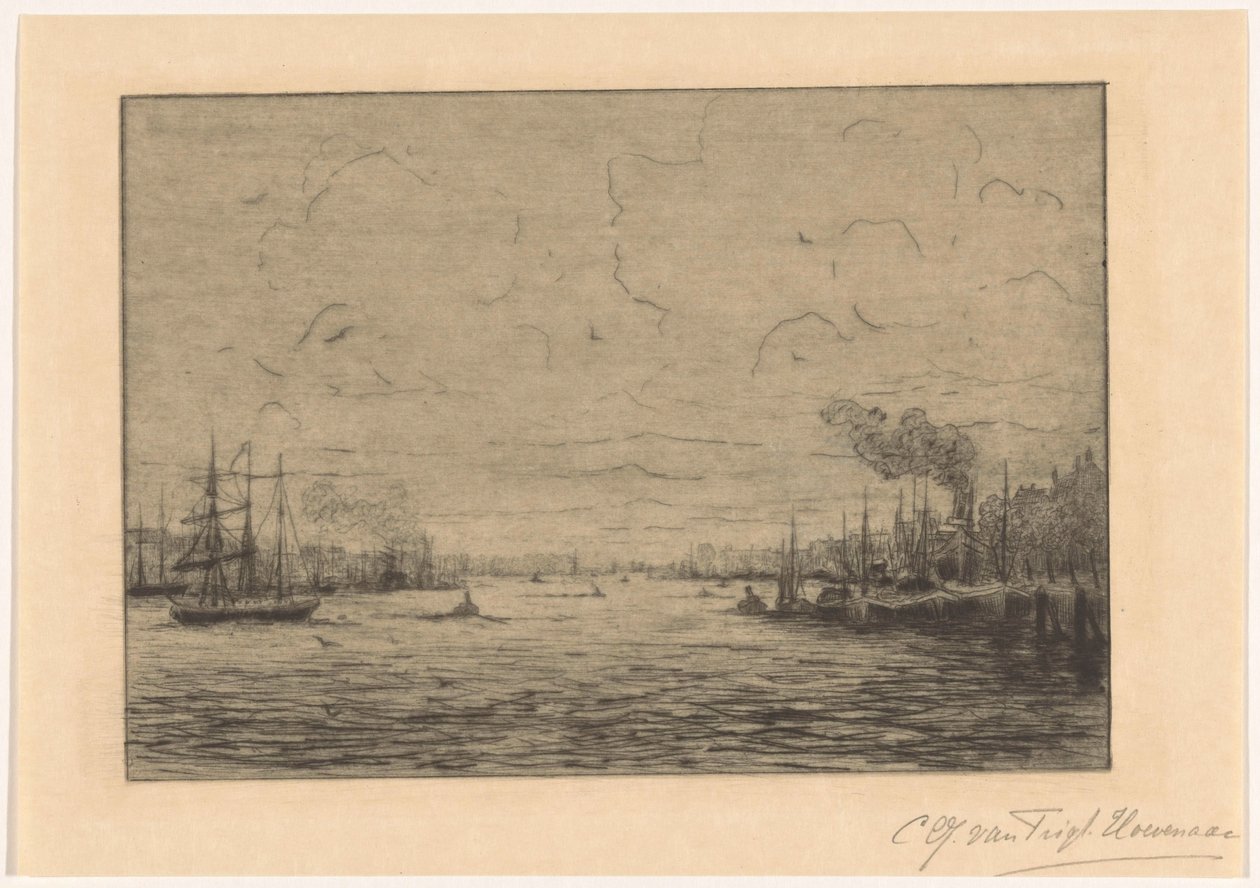 Gezicht op de Maas bij Rotterdam door Cornelia Christina Johanna van Trigt Hoevenaar (signed by artist)