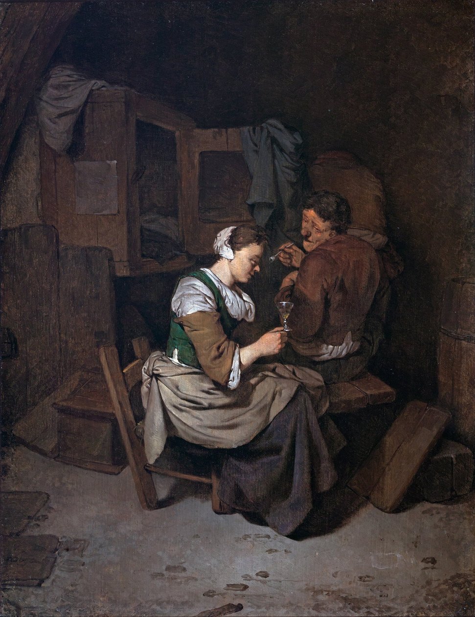 Vrouw met wijnglas en twee mannelijke boeren door Cornelis Pietersz Bega