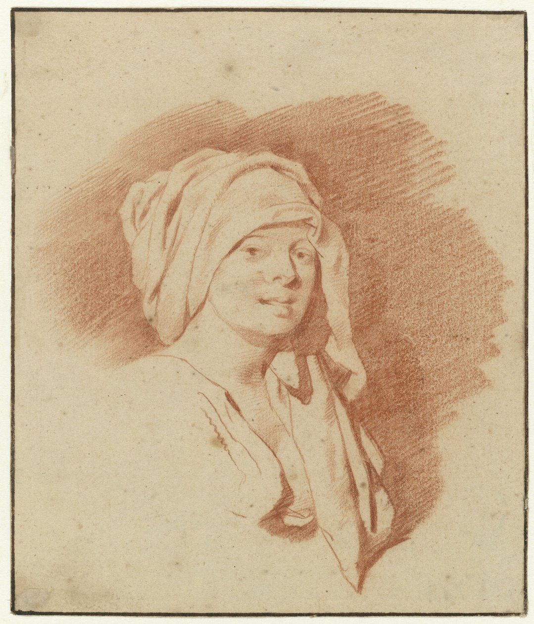 Rood krijttekening van een buste van een vrouw met een handdoek om haar hoofd door Cornelis Pietersz Bega