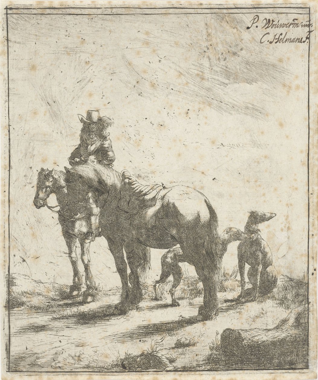 Ruiter met twee paarden en twee honden door Cornelis A. Hellemans