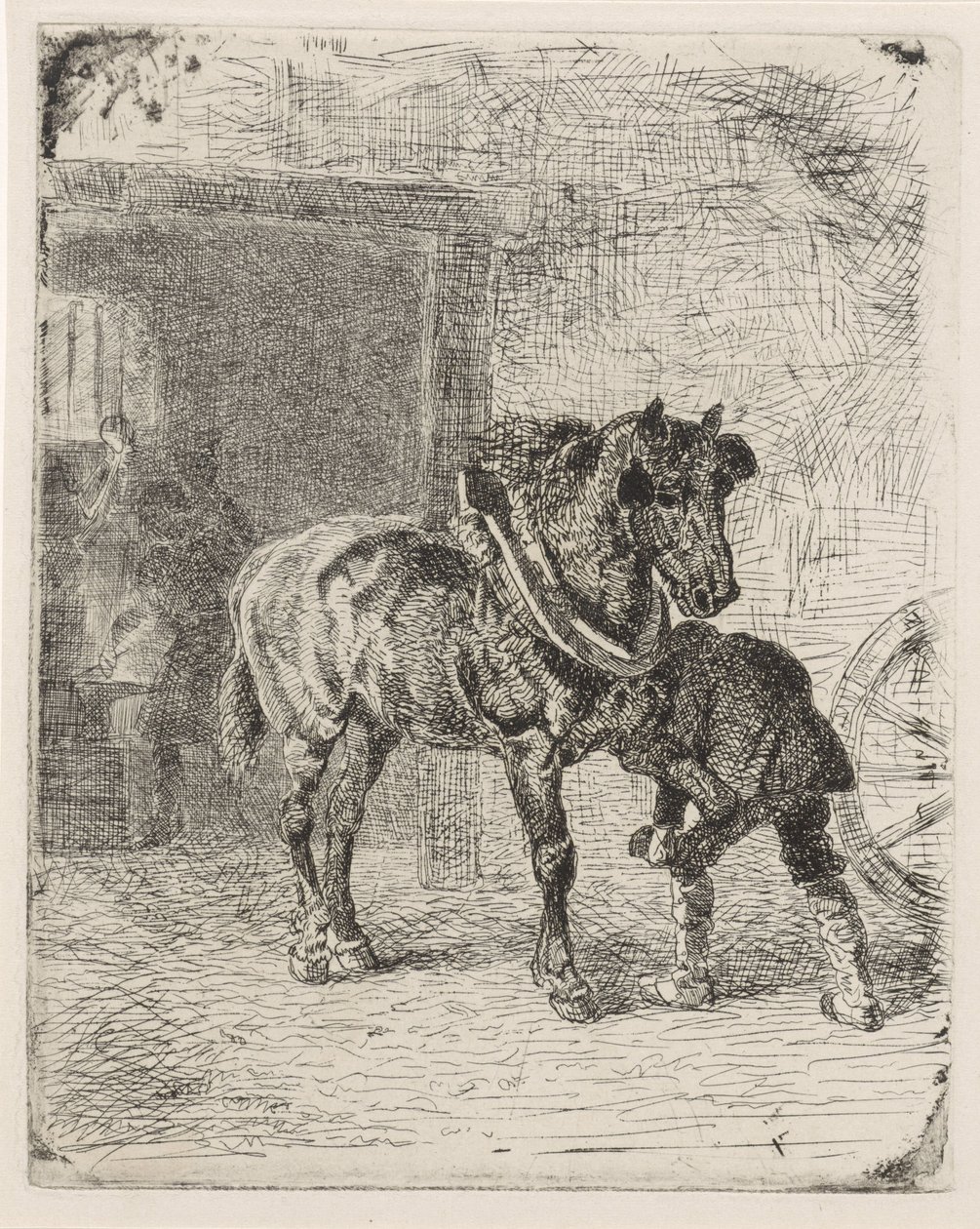 Paard krijgt hoefijzers in een smederij door Cornelis Albertus Johannes Schermer