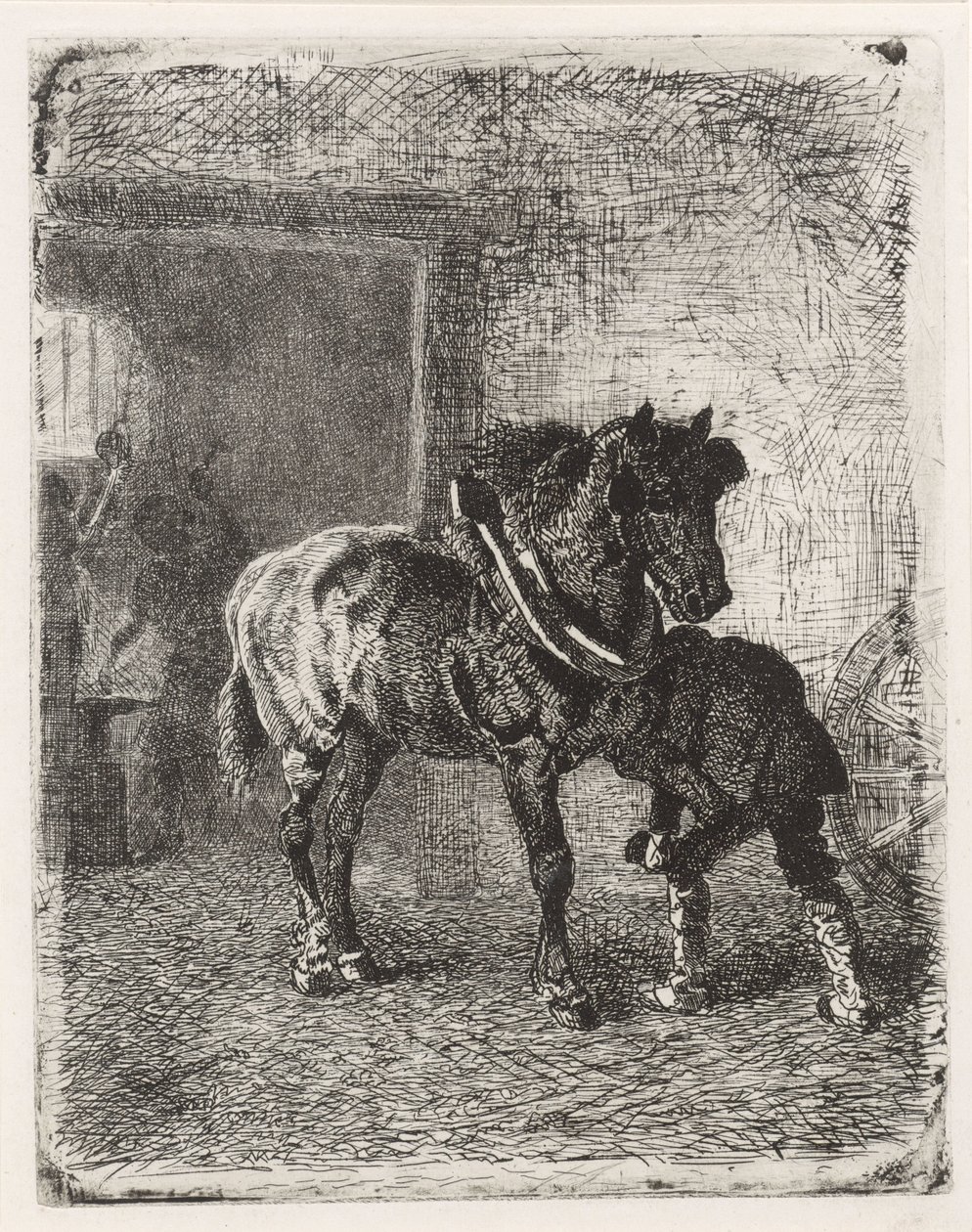 Paard krijgt hoefijzers in een smederij door Cornelis Albertus Johannes Schermer