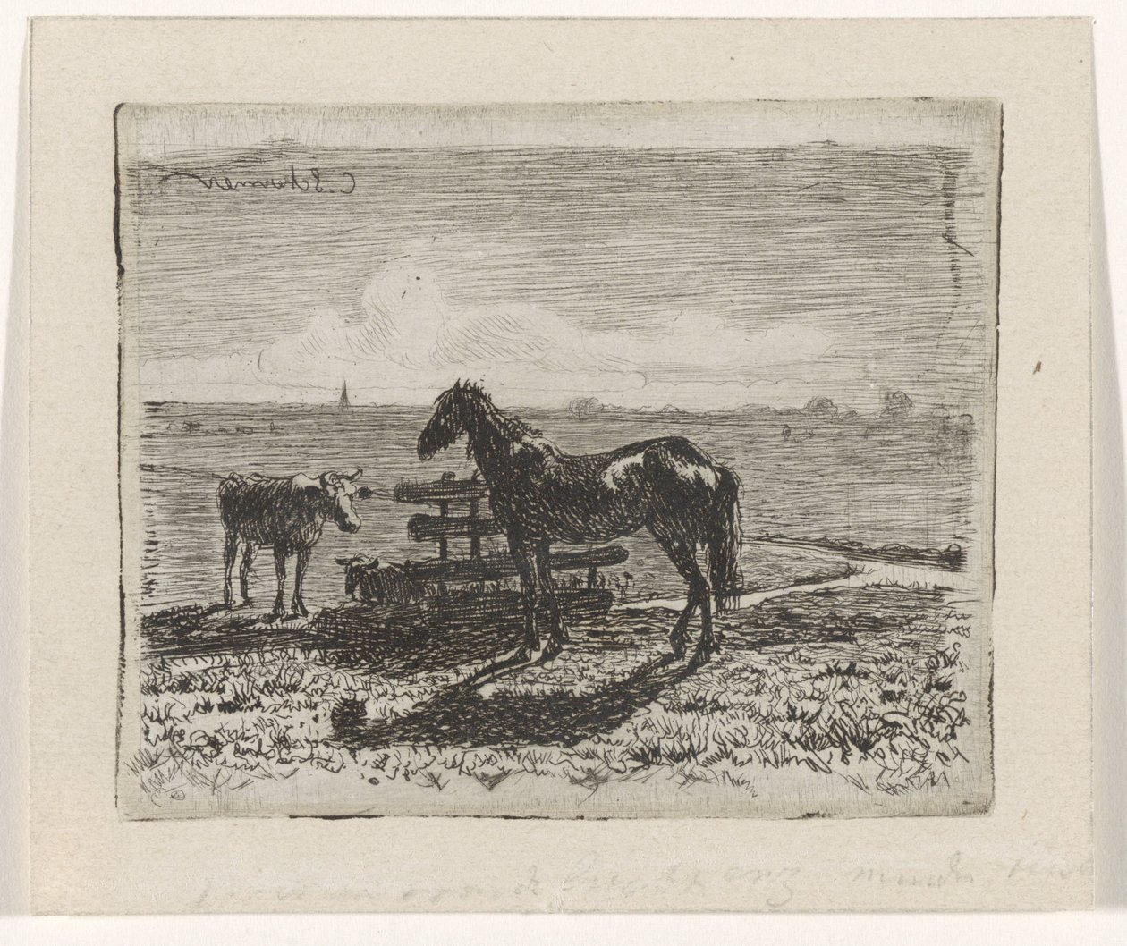 Weiland met een paard en twee koeien door Cornelis Albertus Johannes Schermer