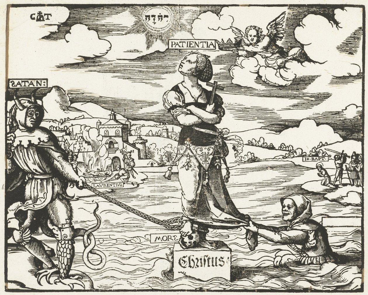 Geduld (Patientia) op een steen in het water door Cornelis Anthonisz.