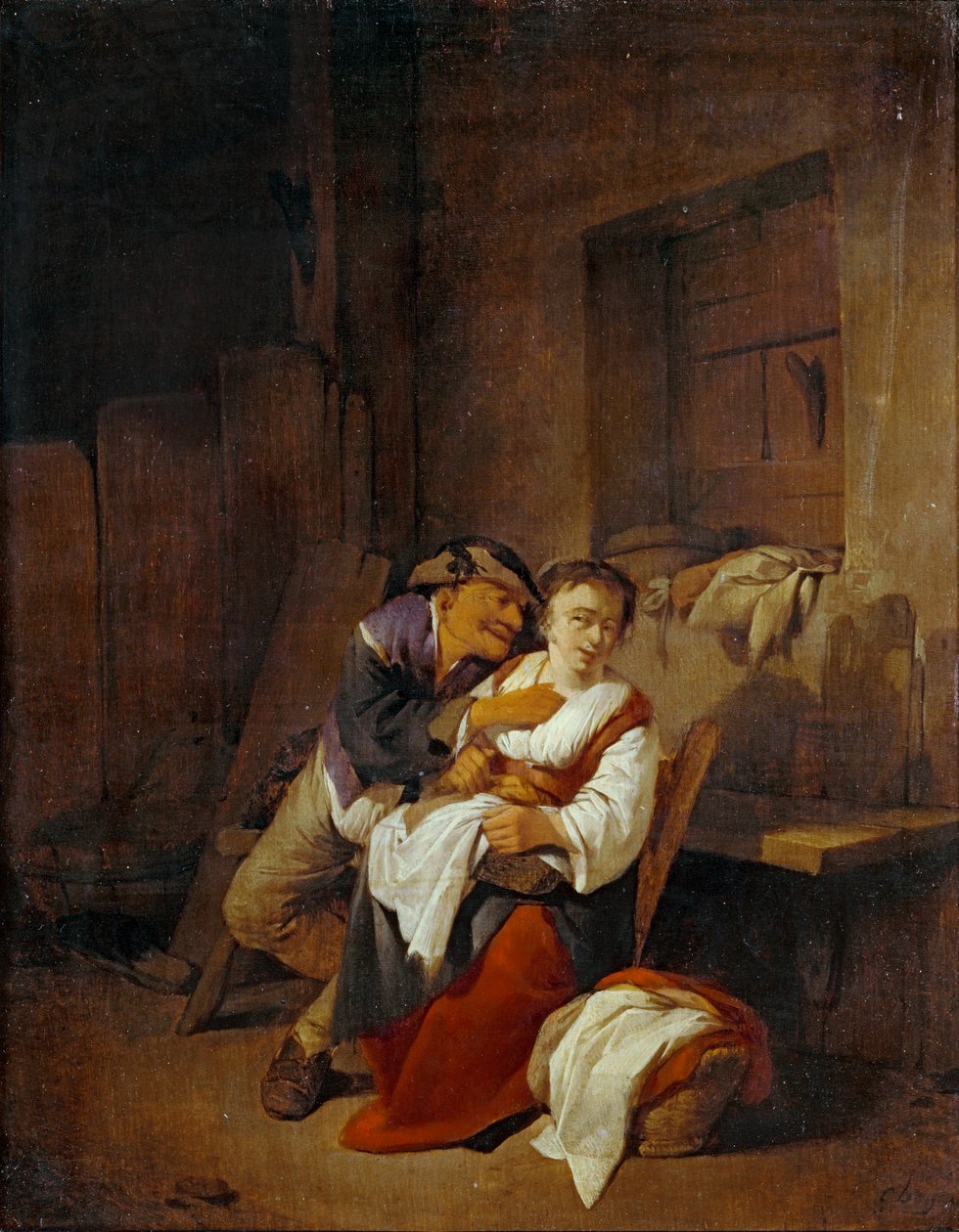 Oude man worstelt met jonge vrouw in ... door Cornelis Bega