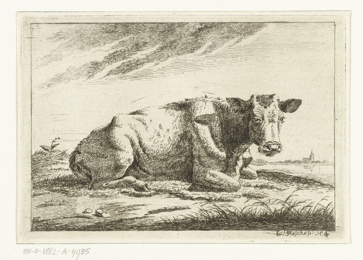 Landschap met liggende koe zonder horens (serie titel: Koeien) door Cornelis  Bisschop