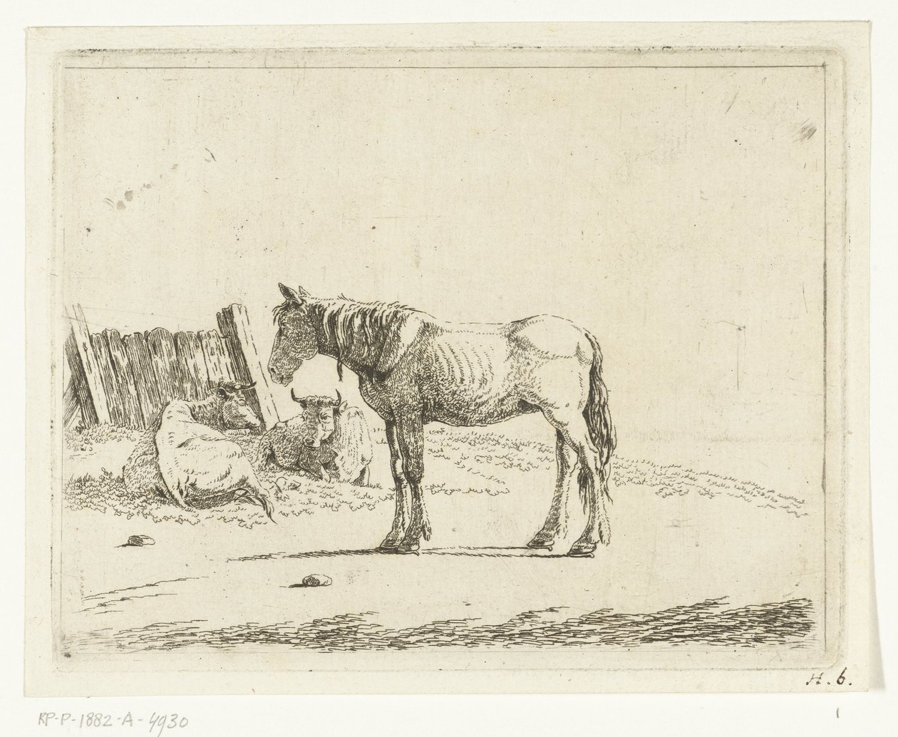 Landschap met paard en twee koeien bij hek door Cornelis  Bisschop