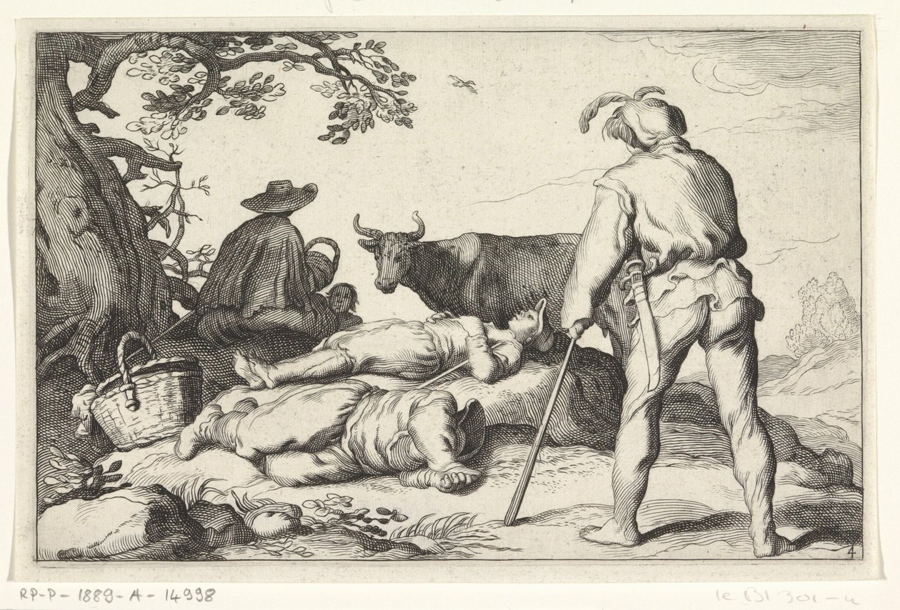 Veehoeders, Vier pastorale scènes (serietitel) door Cornelis Bloemaert (II) (possibly)