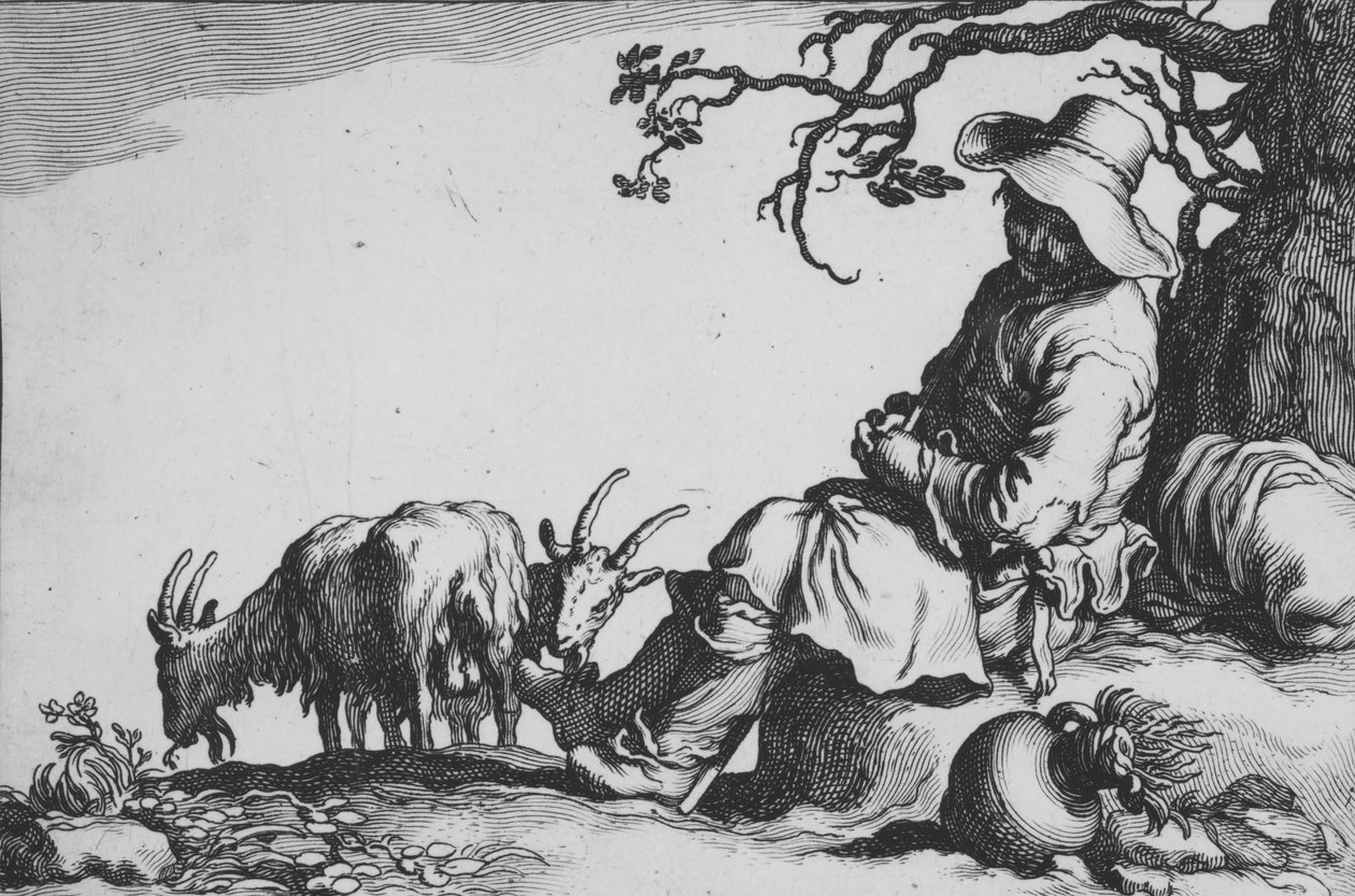 Pastorale met geitenhoeder en geiten, uit de serie Zestien boerenonderwerpen door Cornelis Bloemaert