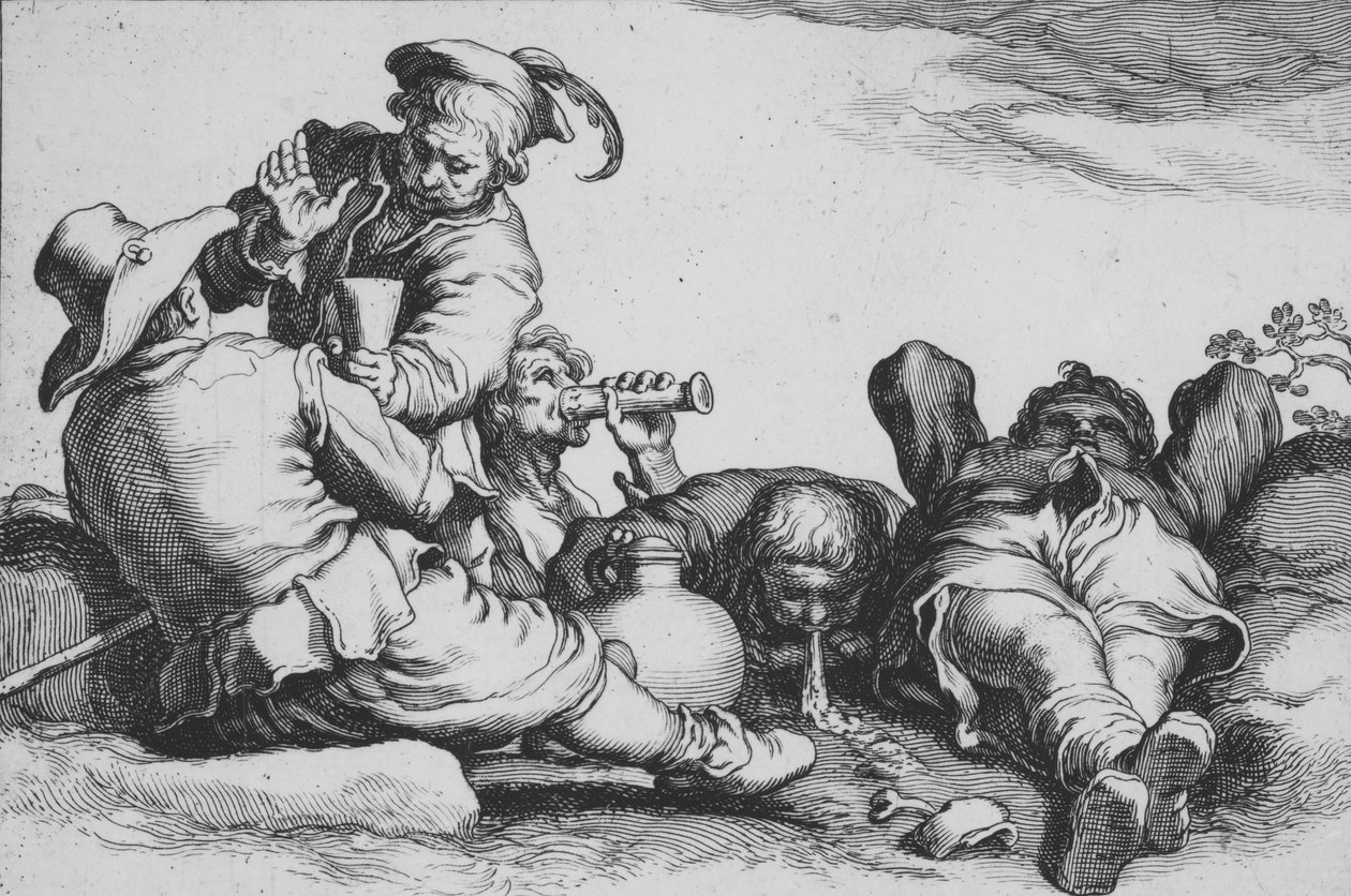 Boeren drinken, uit de serie Zestien Boerenonderwerpen door Cornelis Bloemaert