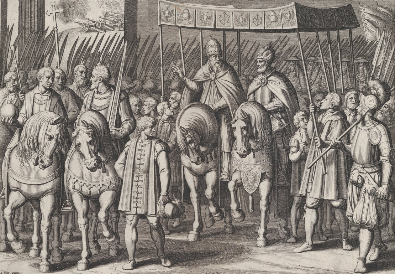 Plaat 3: Karel V gekroond tot keizer die Rome binnenkomt met de paus, uit de Triomfen van Karel..., 1614 door Cornelis Boel