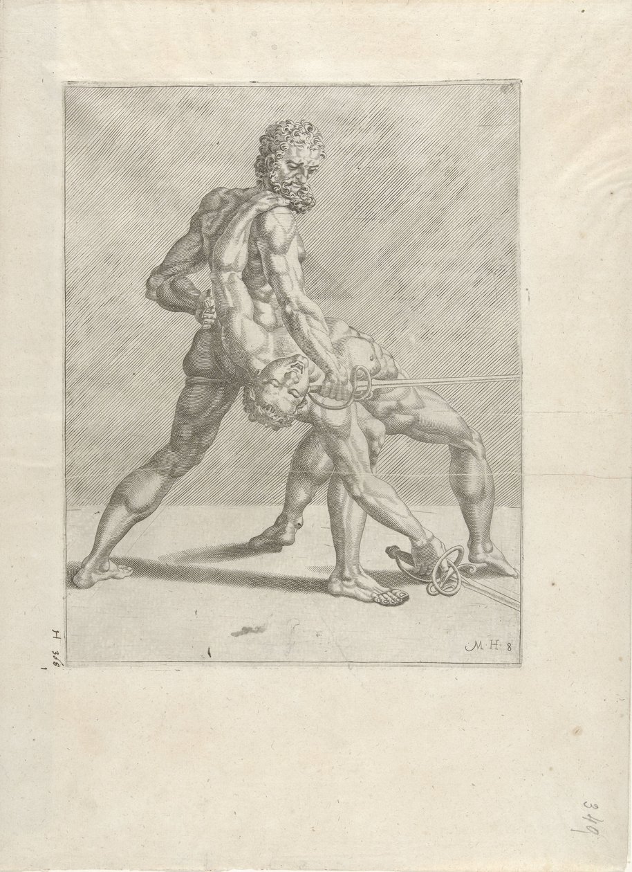 Twee zwaardvechters door Cornelis Bos (possibly)