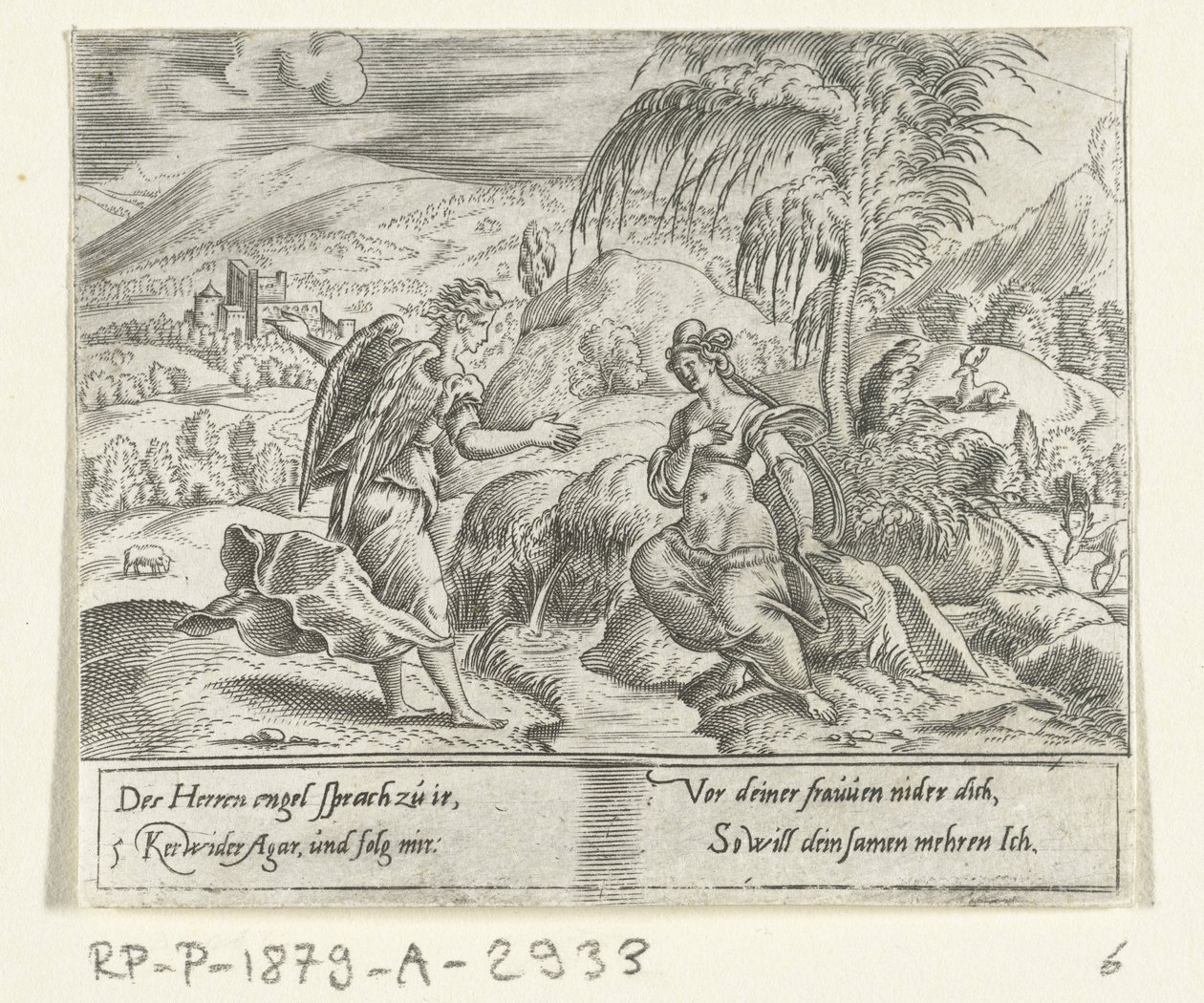 Een engel voert Hagar terug door Cornelis Bos