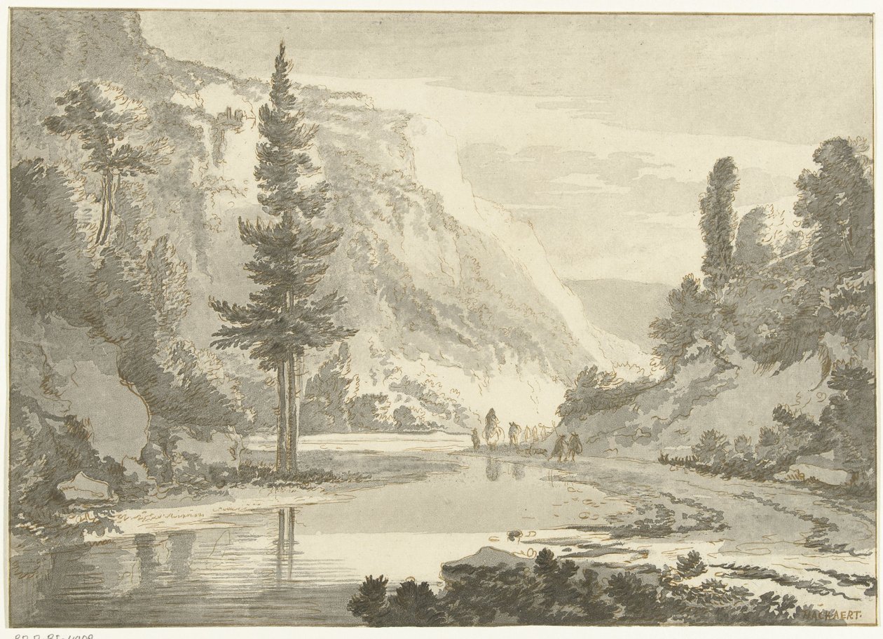 Berglandschap met herders op een rivieroever door Cornelis Brouwer