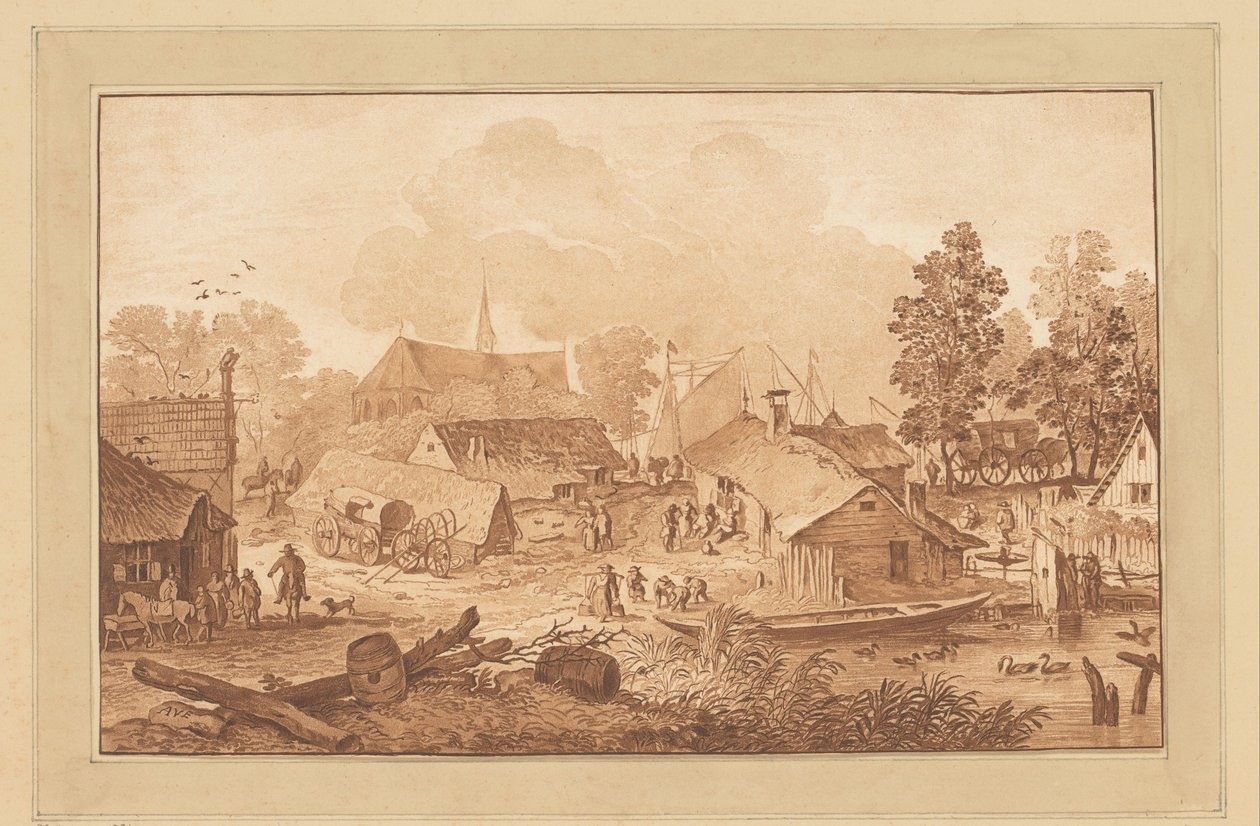 Dorpsgezicht met vijver door Cornelis Brouwer