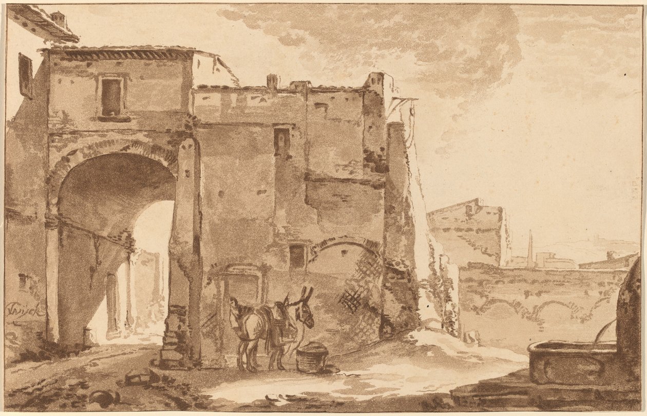 Poort met Reiziger en Muildier, 1781, gepubliceerd 1782 door Cornelis Brouwer