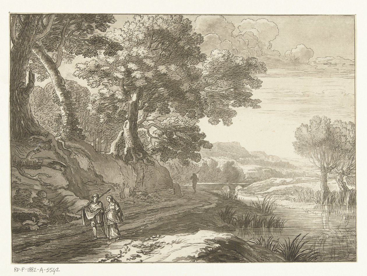 Italianiserend landschap met drie wandelaars door Cornelis Brouwer