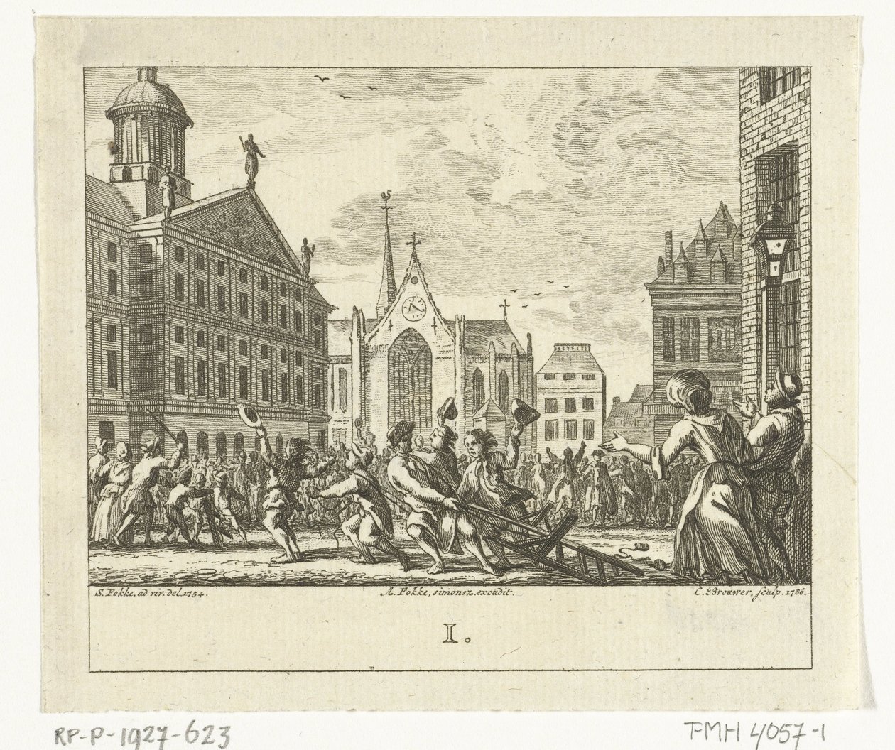 Opstand bij de begrafenis van Daniël Raap op de Dam te Amsterdam in 1754 door Cornelis Brouwer