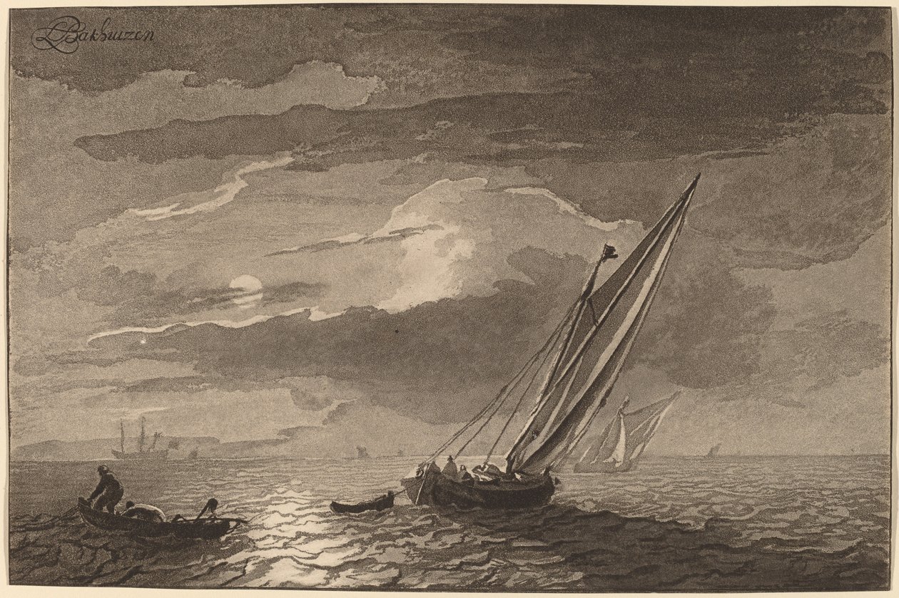 Zeegezicht met Volle Maan door Cornelis Brouwer