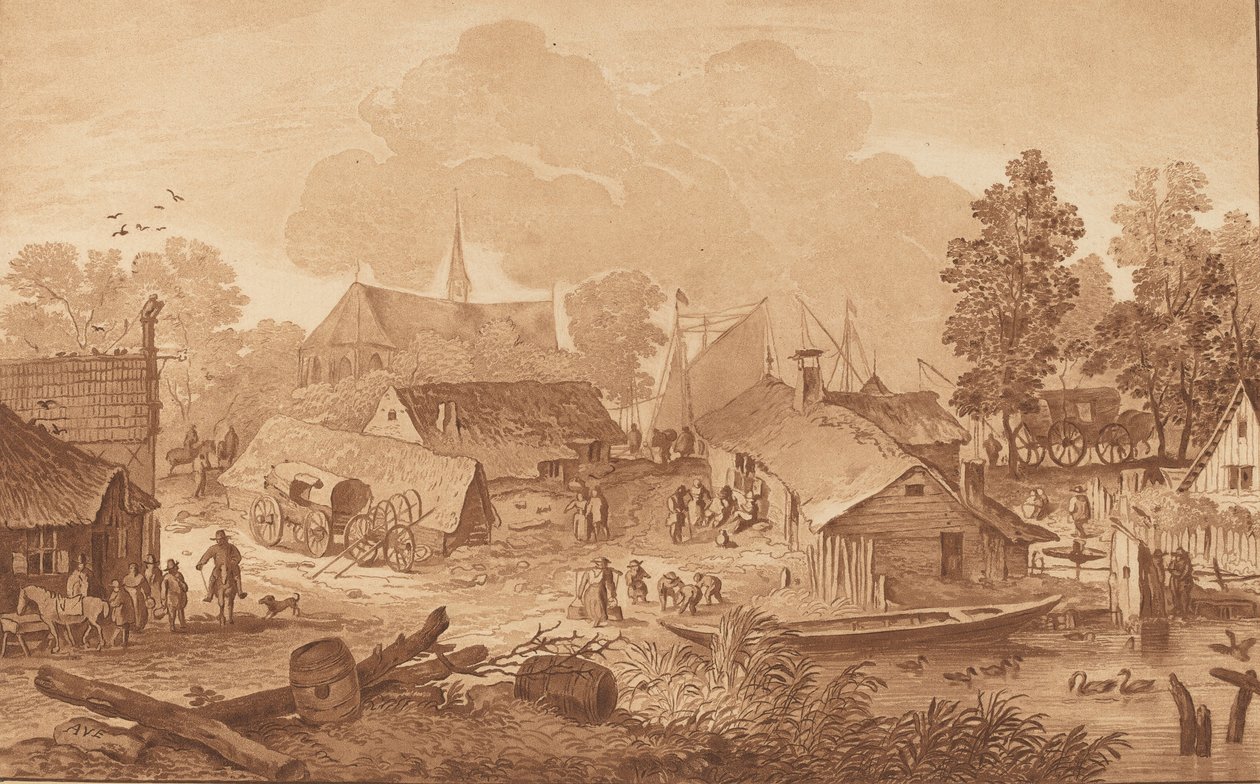 Dorp met vijver, ca. 1782 door Cornelis Brouwer