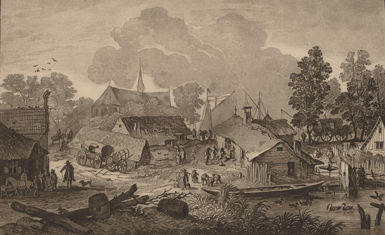 Dorp met Vijver, ca. 1782 door Cornelis Brouwer