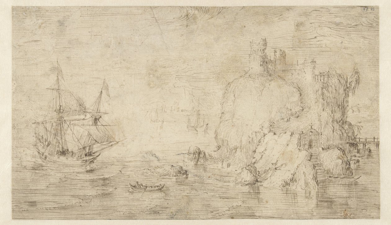 Zeegezicht met een schip bij een eiland door Cornelis Claesz van Wieringen (attributed to)
